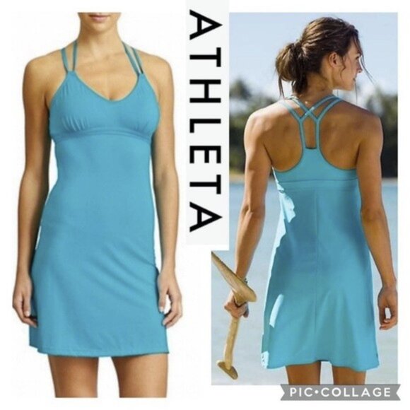 Athleta Shoreline Blue Stretch Scoop Neck Beach Dress Size Medium - Picture 1 of 7